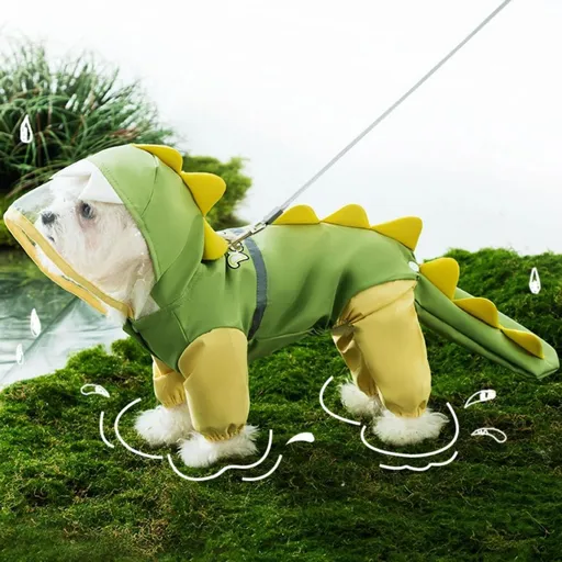 Cat Puppy Costume Cute Dinosaur Raincoat with Leash Ring Full Body Coverage Reflective Strips Waterproof Pet Accessories Multiple Sizes for Kitten Small Dog - Green - Size L