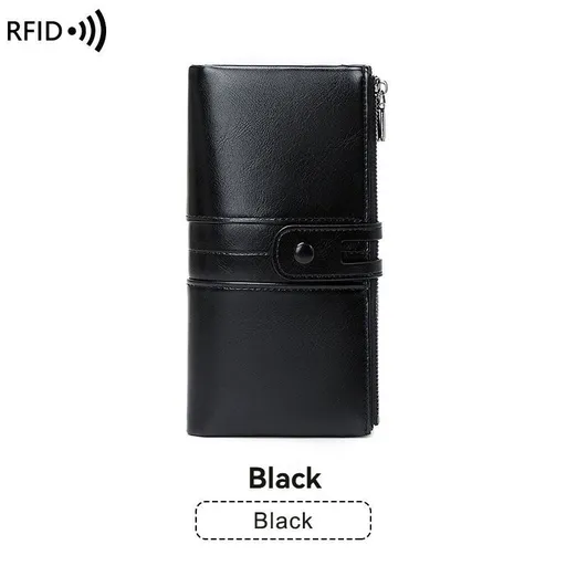 women's leather wallet, anti-skimming wallet, retro style wallet, Korean fashion wallet, long wallet for women, ladies accessory, RFID blocking wallet, genuine leather clutch - Black - Size L