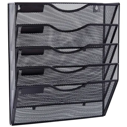 5 Pocket Mesh Hanging Wall File Organizer, Wall Mounted Mail Paper Document Folder Holder, Clipboard Storage Black