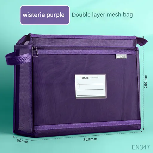 Wisteria purple Double Layer Mesh File Bag with Handle Large Capacity Student Subject Organizer