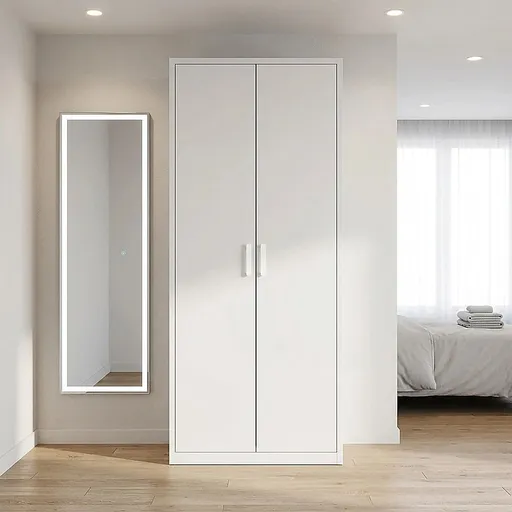 80x200cm 2-Door White Steel Hanging Wardrobe with White Handle Storage Cabinet