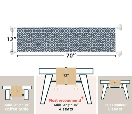 12x70 Inches Long for Home Decor Modern Scarf with Tassels Moroccan Design Stylish Vintage for Bohemian Dining Room Table (Blue)