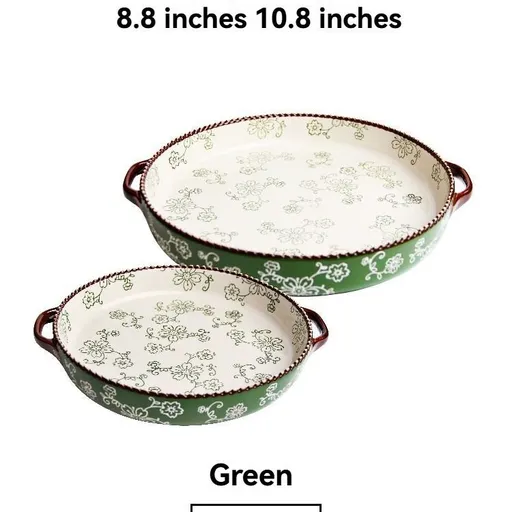 ceramic serving plate, double handled baking dish, pizza pan, cherry blossom pattern, underglaze color, home kitchenware, oven safe dish, baking tray, serving platter, Australian kitchen - Green - Size SET