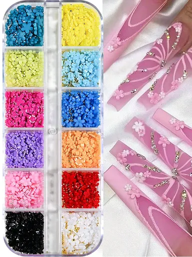 12Grids Box 3D Acrylic Small Flower Nail Art Charms Mixed Size Multicolor Gold Silver Beads Faux Pearls Five Petal Flowers For Women Girls DIY