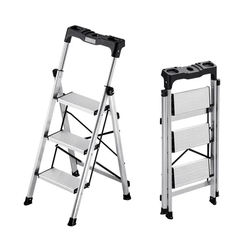 3 Step Ladder, Folding Step Stool with Wide Anti-Slip Pedal and Comfort Handgrip, 150 kg Capacity Portable Aluminum Stepladder, Multi-Use for Kitchen, Warehouse, Household and Office, Silver
