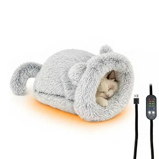 Cozy Heated Two-in-One Plush Cat Cave Bed with USB-Powered Warming, Multi-Level Temperature Control, and Timer, Convertible from Enclosed House to Flat Mat for Year-Round Napping Indoors or on the Go (Grey)