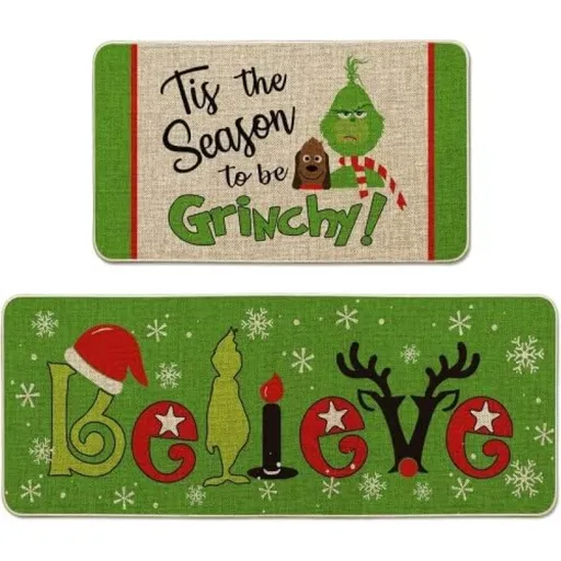 Christmas Decorations Kitchen Rugs Set of 2, Winter Low-Profile Floor Mat Merry Christmas Decorations for Home Kitchen