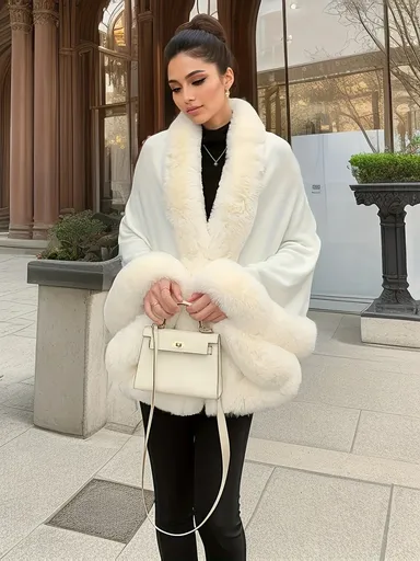 Imitation Mink Collar Knit Shawl: Autumn/Winter Retro Cape, Elegant, Versatile, and Flattering(WHITE)
