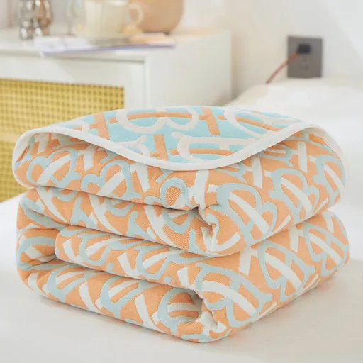 100% Cotton 6-Layer Gauze Summer Blanket & Towel Blanket - Ultra Soft & Breathable Reversible Quilt, Blue and Orange Barre 200 x 240 CM