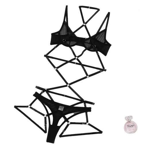 House Of Dasein Sexy Mesh See Through Hollow Out Strap Hanging Neck Three Piece Lingerie Set - Black - S