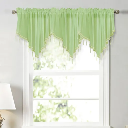 Sheer Beaded Window Valance, vintage floral voile curtain with rod pocket and scalloped edge for bedroom kitchen and cafe, Green