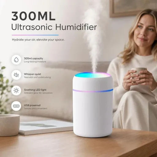 USB Mini Humidifier 300ML Dual Cotton Wicks White Boxed, Home Xmas Gift
