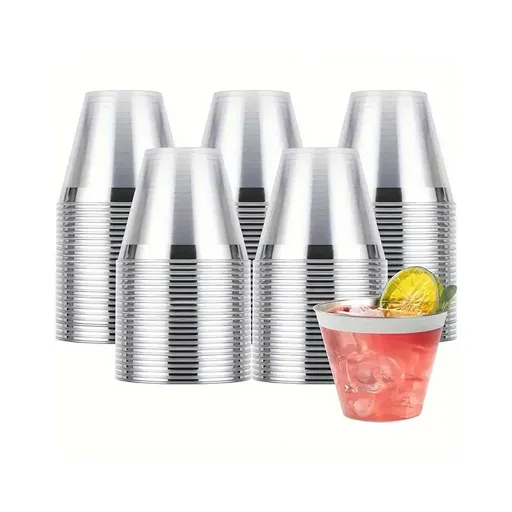 100pcs 9OZ Hot Gold Silver Plastic Wine Cup Western Food Cup Ice Cream - Silver