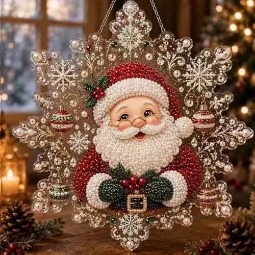 Snowflake Shape Acrylic Pearl Painting 20x20cm Stretched Frame Pearl Kit Tools Santa Claus Version A Recommended Christmas Holiday Gift