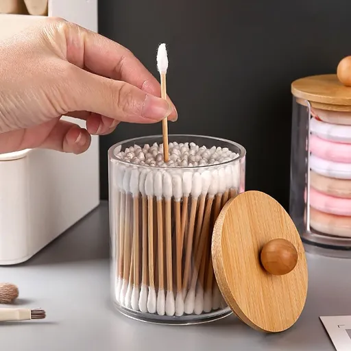 Qtip Holder Dispenser, Bathroom Jars With Lids Set For Cotton Swabs, Balls, Pads, Floss Picks, Plastic Canisters Restroom Bedroom Vanity Organizer