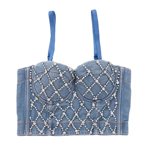 House Of Dasein Denim Tube Top With Built In Pads And Shaping Open Back Beaded Strapless Camisole For Women - Denim Blue - 36B/80