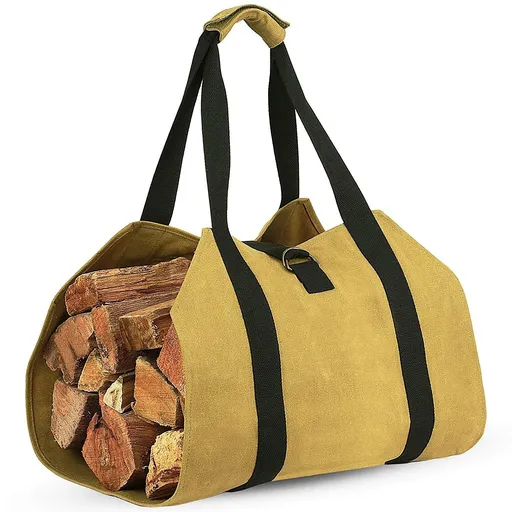 Khaki Waterproof Oxford Cloth Firewood Log Carrier Bag (99 x 48 CM) - Outdoor Camping & Fireplace Wood Tote with Velcro Lock and Ring Strap