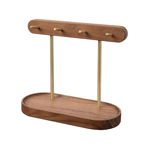 Modern Walnut Wood Key Holder with Brass Hooks – Desktop Organizer for Keys, Jewelry, Watches, and Small Accessories, Compact Design (Walnut)