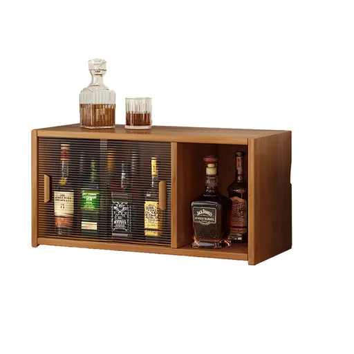 Bamboo Dustproof Cup Storage Cabinet with Sliding Acrylic Door