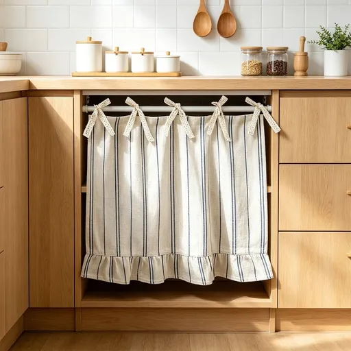 Linen Striped Half Curtain with Bow Kitchen Cabinet Cover Oven Door Curtain Dust Oil Protection Washable Farmhouse Decor