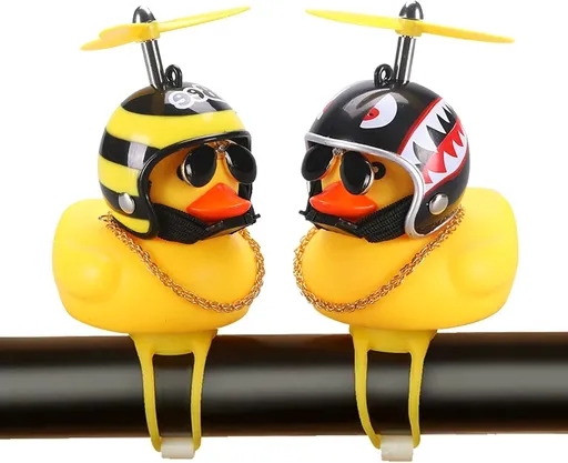 2 Pack Rubber Duck Car Ornaments, Yellow Duck Car Dashboard Decorations Squeeze Duck Bicycle Horns with Propeller Helmet,Bandage and Gold Chain without light