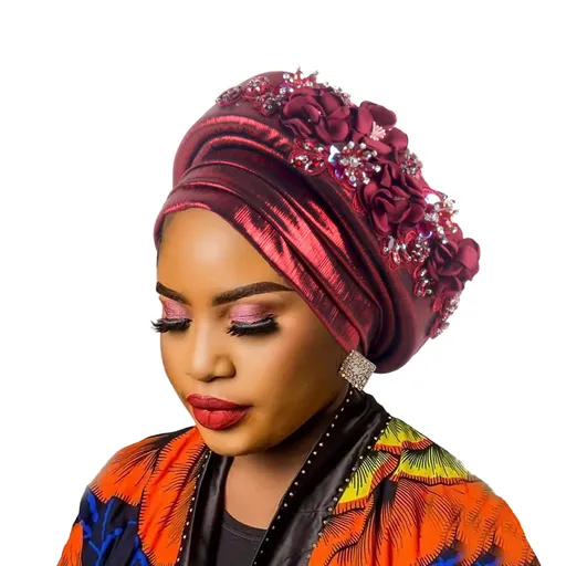Women's Luxury Burgundy Turban Hat with Beaded Floral Embellishments Pre-Tied African Style Headwrap for Weddings Parties & Special Occasions