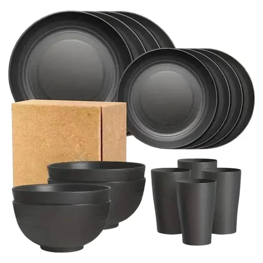 Plates and Bowls Sets, 16Pcs Dishes Set, Camping Dishes, Plastic Plates Reusable, Dishware, Outdoor plates, Lightweight Kitchen Accessories, Microwavable Dishwasher Safe for Kitchen, Camping, Black