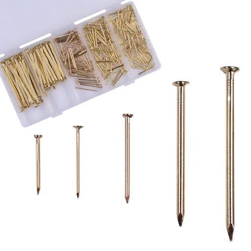 Brass Plated Nail Assortment Kit (300pcs), Wall Pins Tacks Nails for Hanging Pictures and Woodworking, 5 Size Assortment