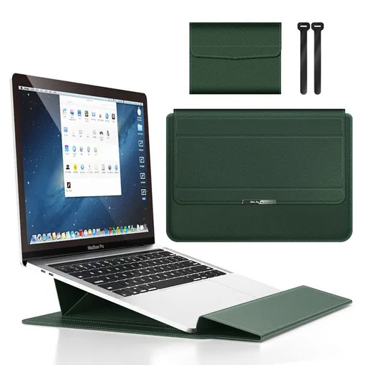Dark green 3-in-1 Laptop Sleeve with Built-In Stand & Wrist Rest – Waterproof PU Protective Case for 13/14 Inch Laptops, Portable and Ergonomic Design
