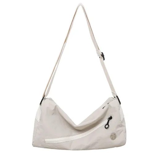Stylish Crossbody Bag Lightweight Nylon Adjustable Strap Secure Zipper Closure Circular Metallic Accent 32cm x 13cm x 16cm White