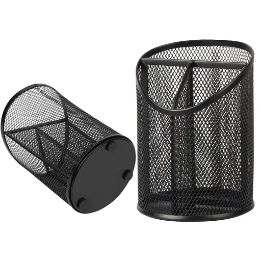 2 Pack Mesh Pencil Holder Pen Cup for Desk Round Black Pen Holder Desktop Pen Organizer 3 Compartments Pencil Organizer Desk Organizer for Office Home School