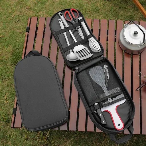 Camping Cooking Utensil Set Travel Organizer - Portable Grill Accessories Compact Kitchen Gear for Backpacking Hiking Picnic - Outdoor Cookware Kit with Water-resistant Case