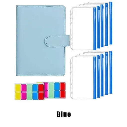 A6 Pu Leather Binder Pockets Cash Envelope Planner Notebooks - Blue