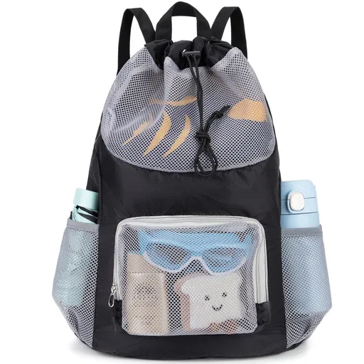 Drawstring Mesh Backpack Waterproof Sports Gym Bag Lightweight Beach Swim Travel Daypack for Outdoor Ball Games and Daily Casual Use (Black)
