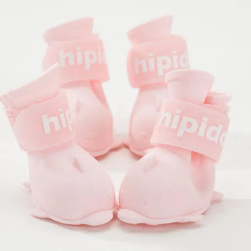 Pink S size Waterproof Dog Rain Boots Set of 4 - Cartoon Dolphin Design Shape PVC Pet Shoes with Adjustable Hook and Loop Straps, Anti Slip Paw Protectors for Small Dogs and Puppy Outdoor Walks