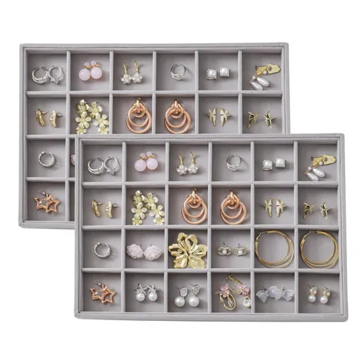 Large Velvet Jewelry Tray Display Drawer Inserts 2 Pack Stackable Jewelry Organizer for Earring Bracelet Necklace Ring 24 Grids - Gray - Size 24 Grids