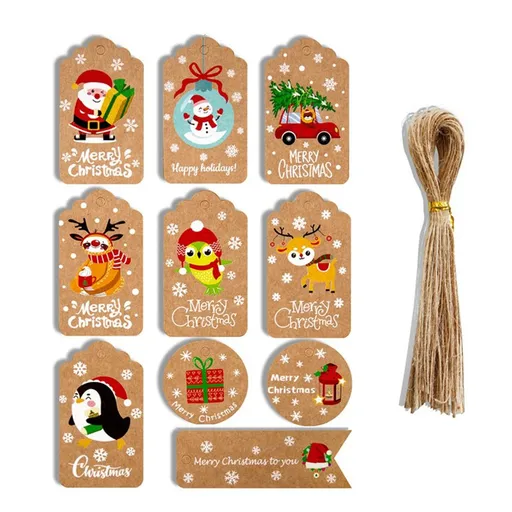 50pcs Christmas Kraft Paper Tags DIY Thank You Multi Style Crafts Hanging Tag with Rope Labels Gift Wrapping Supplies