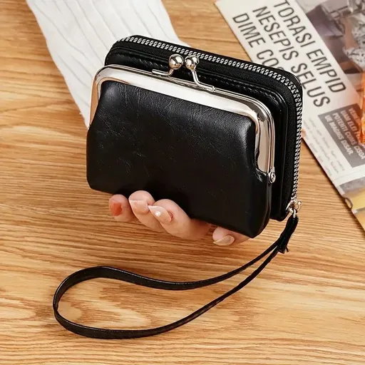 Vintage Leather Mini Bag, classic kiss-lock closure, multi-layer compartment storage, lightweight and portable, perfect for commuting and going out, an exquisite and elegant choice.（black)