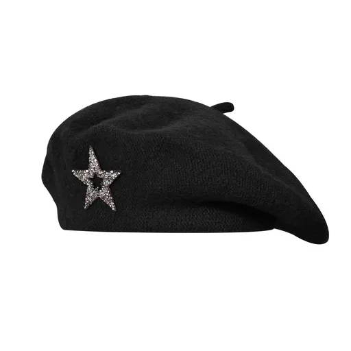 Women's Wool Blend Beret Hat -Black French Style Painter Cap with Sparkling Rhinestone Star Detail, Soft Knit Fashion Headwear for Autumn and Winter