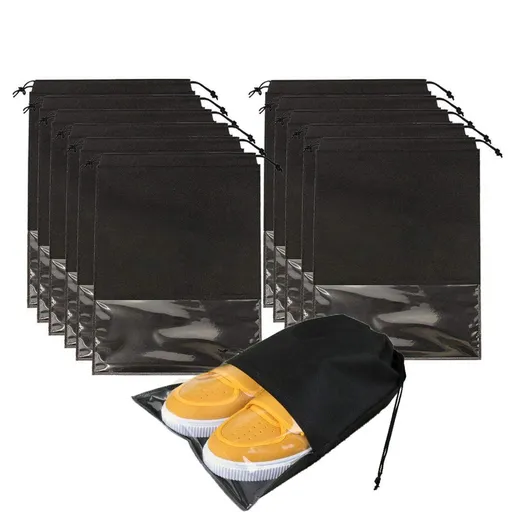 12PCS Shoe Bags for Travel - Large Dustproof Drawstring Shoes Pouch Packing Organizers for Men & Women, Black（storage bag only）