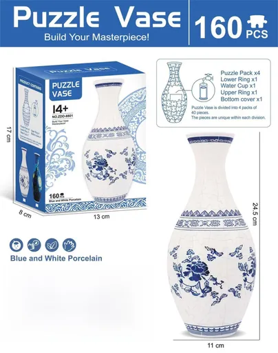 160 PCS Blue and White Porcelain 3D Puzzle Vase - DIY Interlocking Flower Vase Kit, Home Decorative and Toy Gift for Women