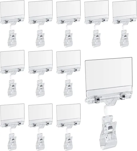 Biaungdo 12 Pcs Rotating Clip Swivel Sign Holder, Clear Rotatable Sign Holder with Double Clip Design, PVC Card Protector for Shelves, Store, Business, Exhibition