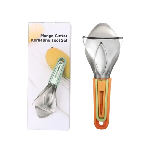 3 Piece Orange Stackable Mango Slicer Tool Set - 430 Stainless Steel Mango Peeler, Broad Flesh Scoop and Slicing Tool for Fruit Preparation