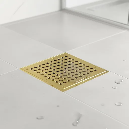 Square Shower Drain – 10x10cm Gold Grid Grate