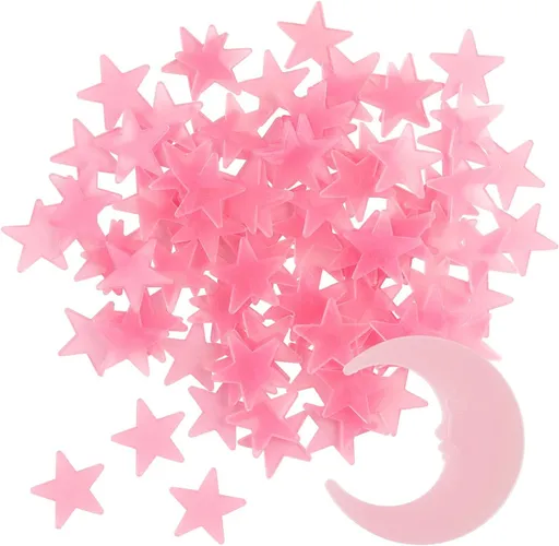 100 Pieces Glow in the Dark Ceiling Stars and Moon Set, 3D Luminous Wall Stickers for Bedroom, Nursery and Party Decor, Pink