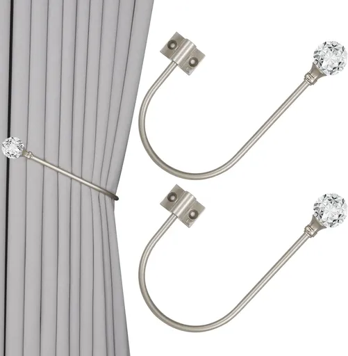Upgraded Curtain Tiebacks Set o 2 - Wall Mounted Heavy Duty Adjustable Curtain Holdbacks or Heavy Curtains,U-Shaped Curtain Pull Backs with 180°lexible Angle (2, Silver with Crystal Ball)