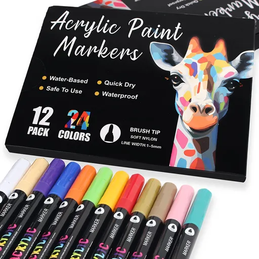 12-Pack Dual-Tip Acrylic Paint Markers, 24 Colors Double brush tips, dual-color acrylic paint pens Suitable for use on various surfaces by adults: stone, wood, rock, canvas, plastic, glass, ceramic, and more.