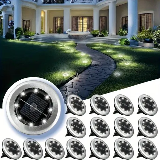 solar ground disk lights, outdoor lighting Australia, 8 LED lights, stainless steel solar lights, path lighting, garden driveway lights, courtyard lawn lighting, solar powered ground lights, energy efficient garden lights, automatic dusk to dawn ligh