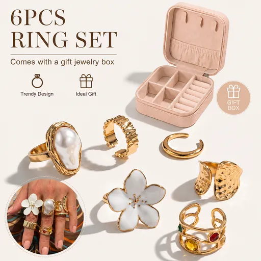 6 Piece Baroque Pearl Flower Ring Set with Gift Jewelry Box - Adjustable Open Rings, Statement Fashion Jewellery, Vintage Inspired Design, Gift Ready Accessory Set for Women