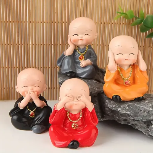 4-Pose Little Monk Resin Figurines, hand-painted, cover eyes/ears/mouth & cheek rest, mini size for car & desk decor, cute Zen vibes, stress-relief & healing.
